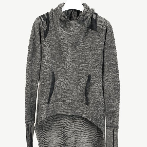 Art Point Grey Hood Mesh Detail Mix-Material Long Sleeve Sweater - Picture 1 of 9